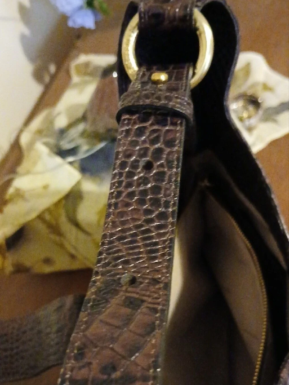 Brahmin Brown & Cream Croc-Embossed Snake-Print Hobo with Gold Hardware